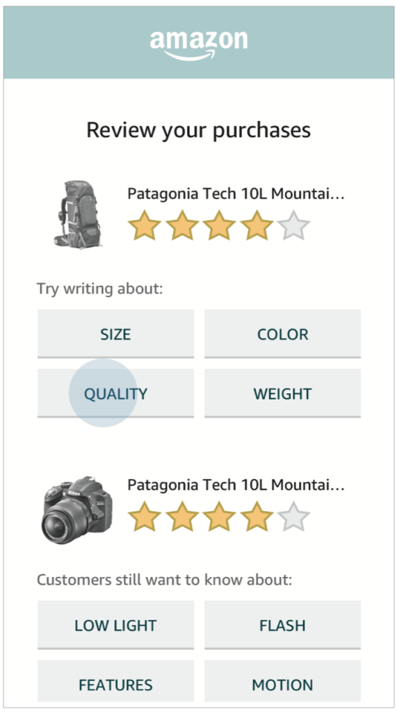 A concept for review creation featuring topic-specific prompts for each item.